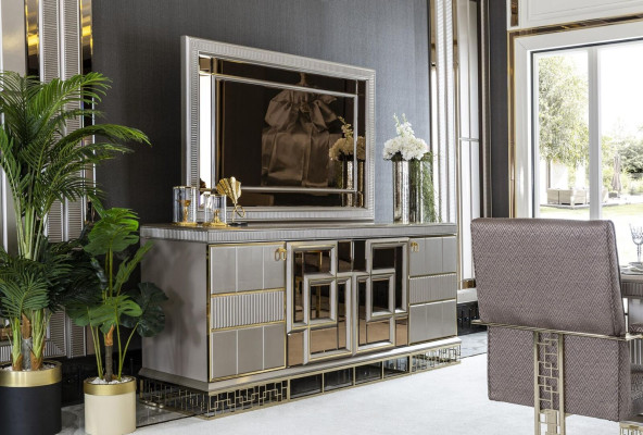 Eetkamer Set Grijs Dressoir Spiegel Luxe Mooi Design Elegant Nieuw 2-delig.