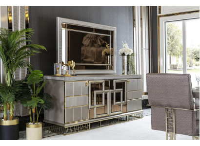 Eetkamer Set Grijs Dressoir Spiegel Luxe Mooi Design Elegant Nieuw 2-delig.