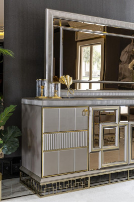 Eetkamer Set Grijs Dressoir Spiegel Luxe Mooi Design Elegant Nieuw 2-delig.