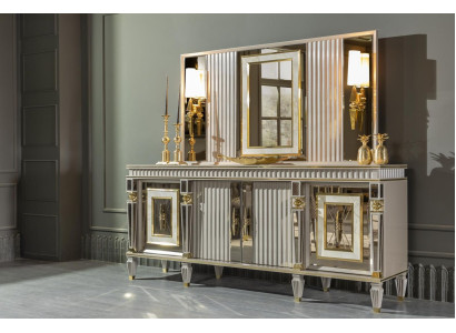 Eetkamer Set Wit Dressoir Spiegel Elegant Design Metaal Luxe Nieuw 2-delig.