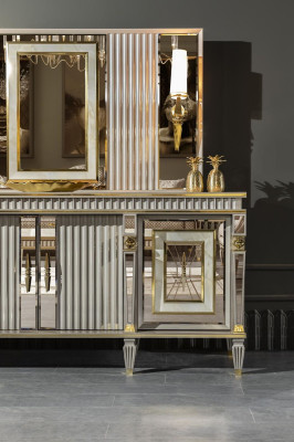 Eetkamer Set Wit Dressoir Spiegel Elegant Design Metaal Luxe Nieuw 2-delig.