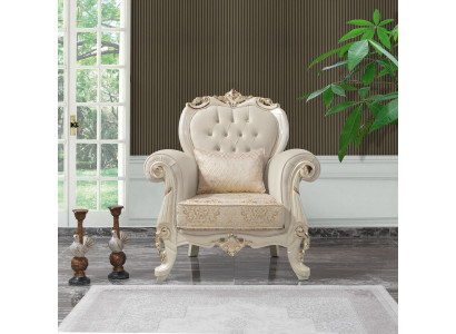 Eenzits fauteuil oorfauteuil stoel stof beige polyester hout barok.