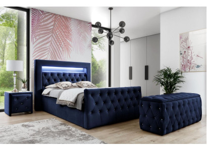 Donkerblauwe Chesterfield slaapkamer meubels LED-tweepersoonsbed nachtkastjes