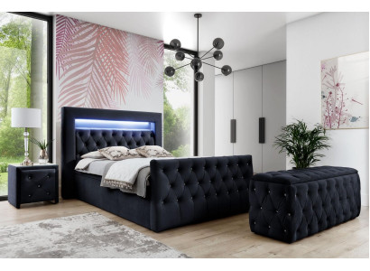 Zwart Chesterfield LED-stoffen bed 2x houten nachtkastjes krukje 4-delig