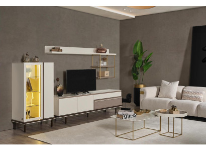 Witte woonkamerset Designer TV-standaard Luxe LED-vitrine Houten rek