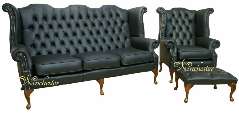 Zwart Chesterfield leren bankstel bekleding set 3+1 zits oorfauteuil