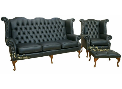 Zwart Chesterfield leren bankstel bekleding set 3+1 zits oorfauteuil