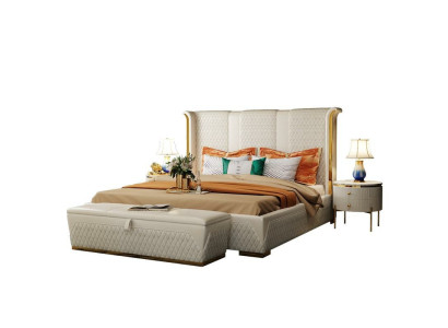 Tweepersoonsbed, klassiek bed, designer gestoffeerde bedden frame, textiel, leer, wit