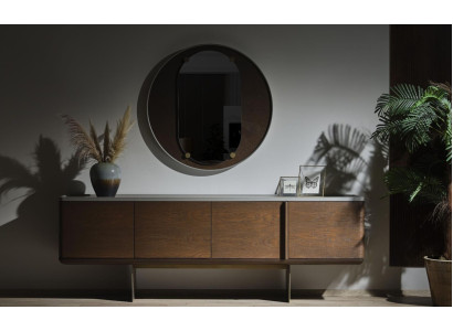 Bruin dressoir Moderne houten meubels Luxe ronde spiegel Woonkamer 2-delig