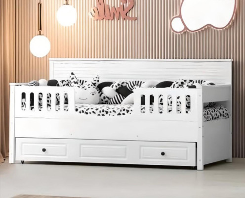 Bed kinderbed houten bed functioneel bed uitschuifbaar hout wit nieuw.