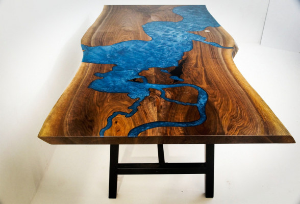 Waterval tafel epoxyhars eettafel echt hout massief meubilair epoxytafel nieuw.