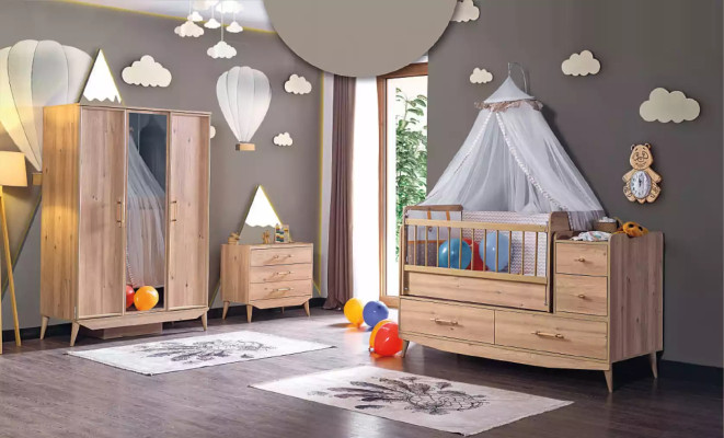 Baby slaapkamer compleet met babybed, kast en ladekast 3-delig.