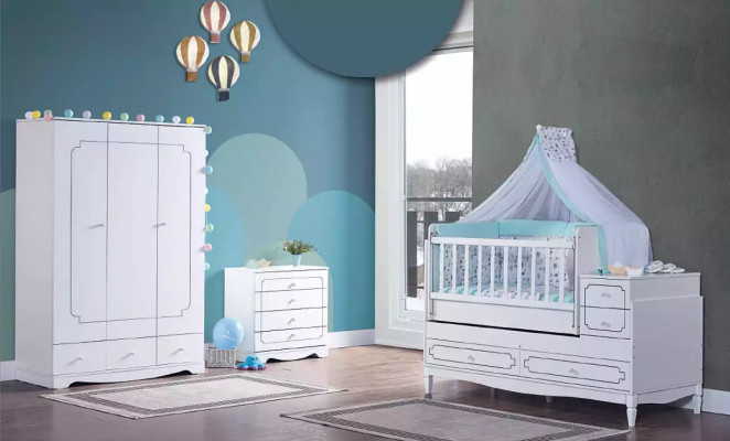 Babykamer kinderkamer bed wit slaapkamer babykast commode 3-delig.