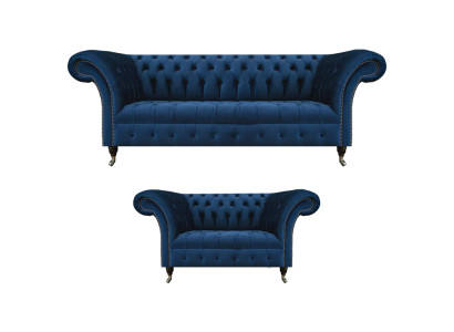 Adellijke Chesterfield bankstel designer blauwe driezitsbank 2-zitsbekleding