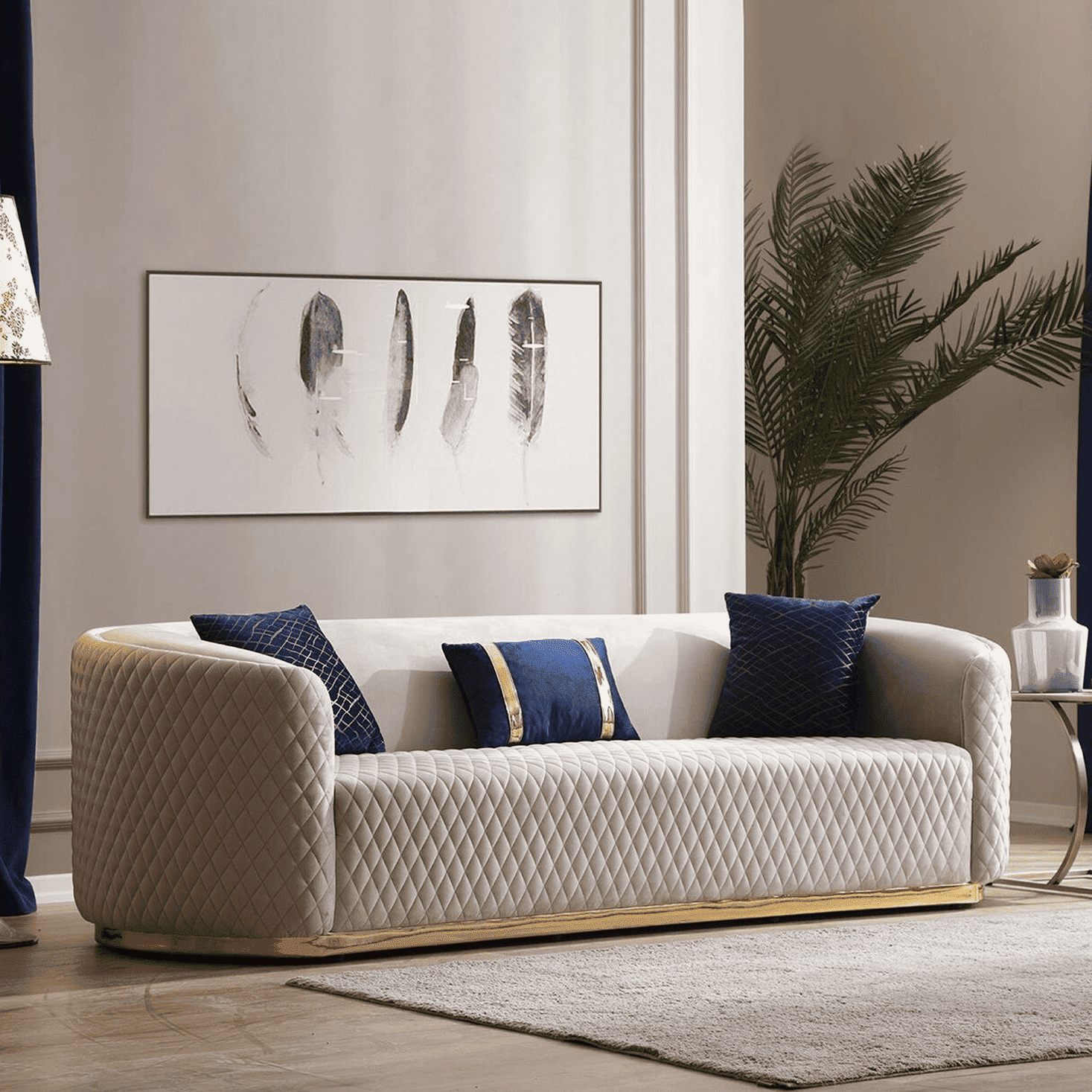 Beiger Dreisitzer Edelstahlmöbel Luxus Couche Sofas Design Wohnzimmermöbel